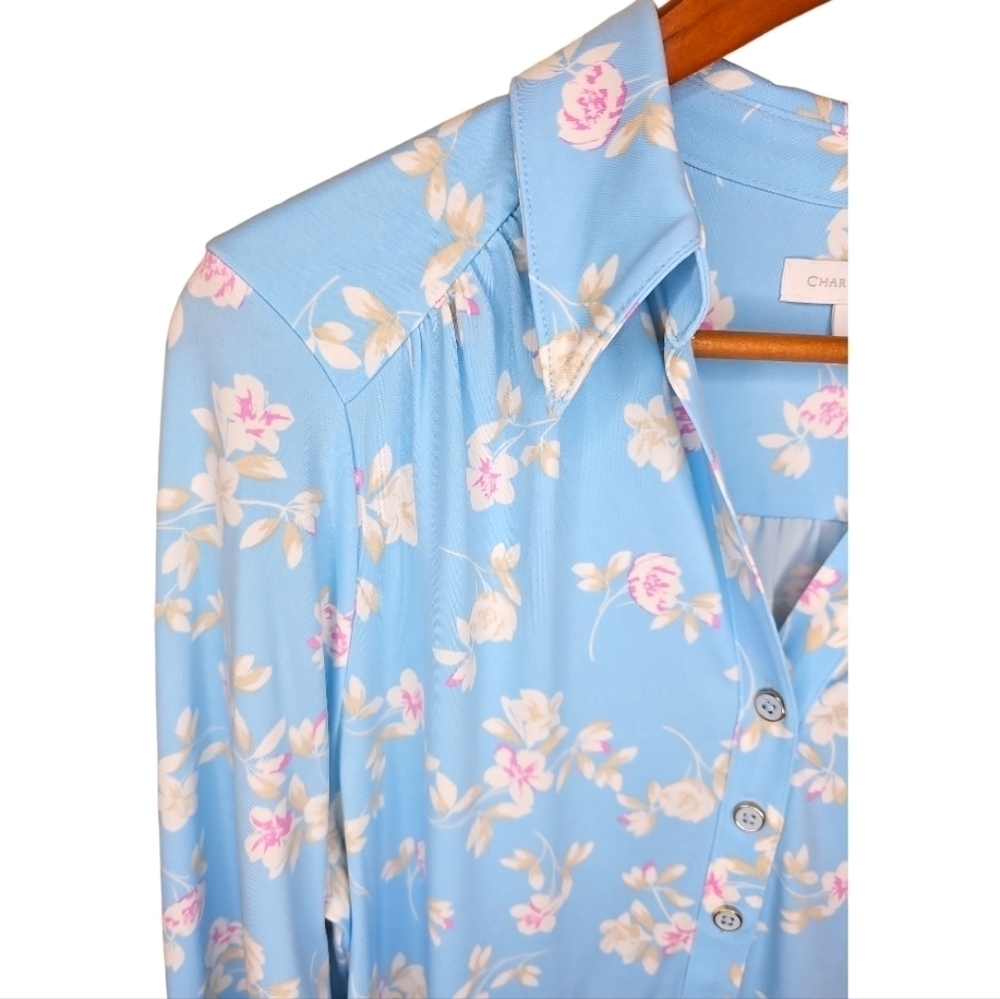 Charter Club Sky Blue Floral Print 3/4 Sleeve Top Size L - Picture 5 of 9